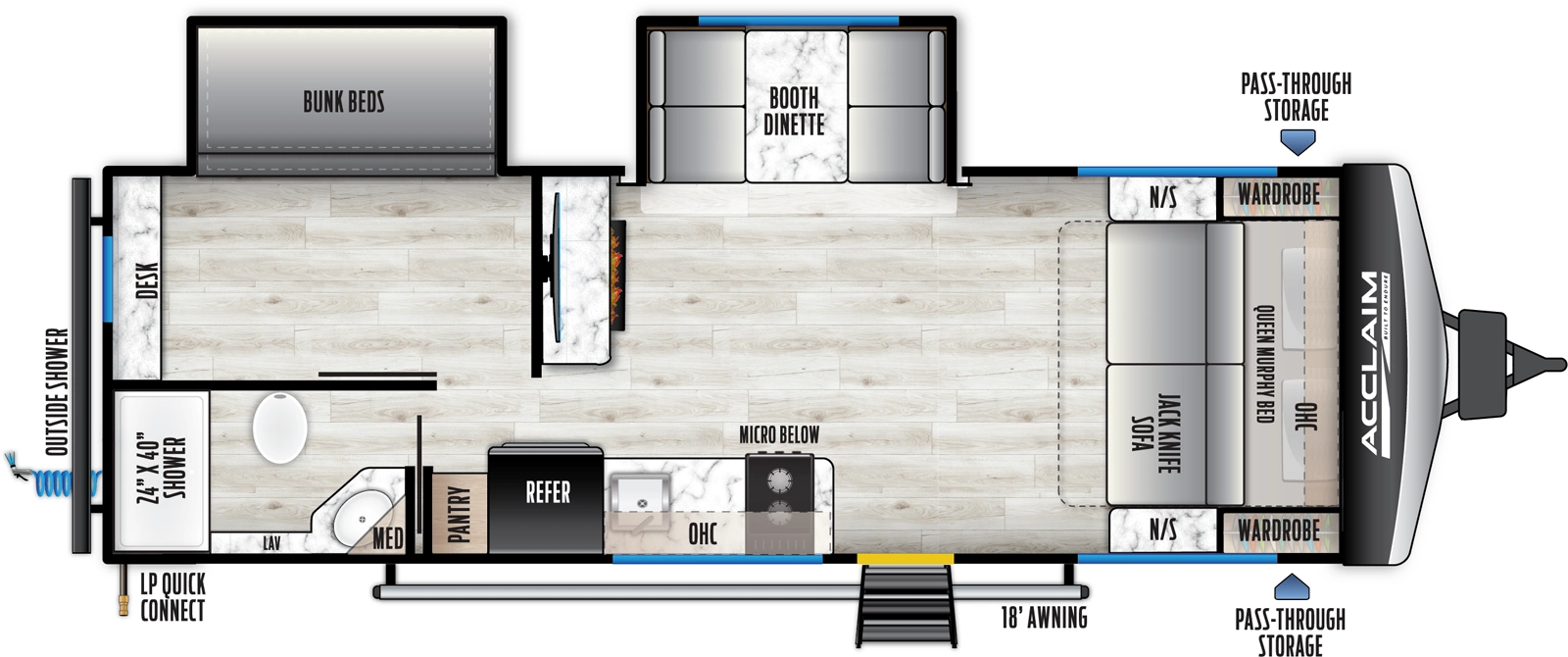 The Acclaim 2350BH floorplan has one entry and two slide outs. Exterior features include: metal exterior and 18' awning. Interiors features include: bunk beds and murphy bed.